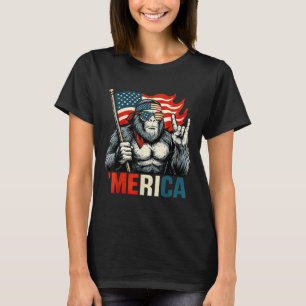 Bigfoot Merica Rock American Flag Patriotic 4th Of T-Shirt
