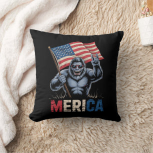 Bigfoot Merica Rock American Flag Patriotic  Cushion