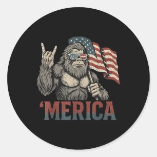 Bigfoot Merica Rock American Flag Patriotic Usa 4t Classic Round Sticker