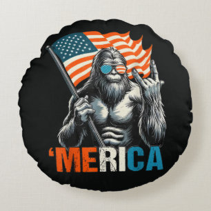 Bigfoot Merica Rock American Flag Round Cushion