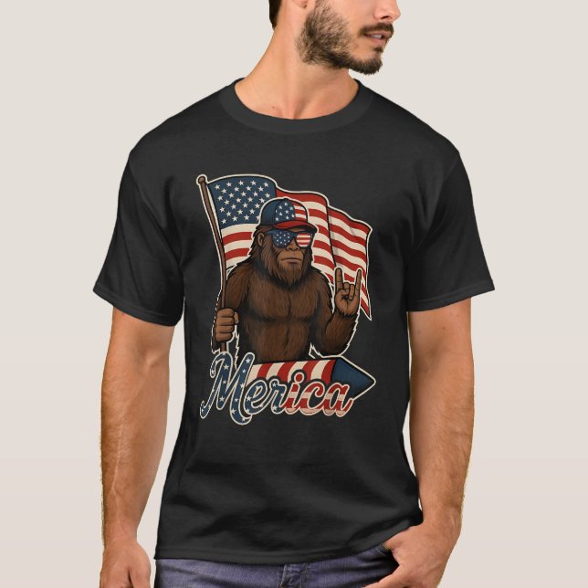 Bigfoot Merica Rock Patriotic American Flag 4th Of T-Shirt (Front)
