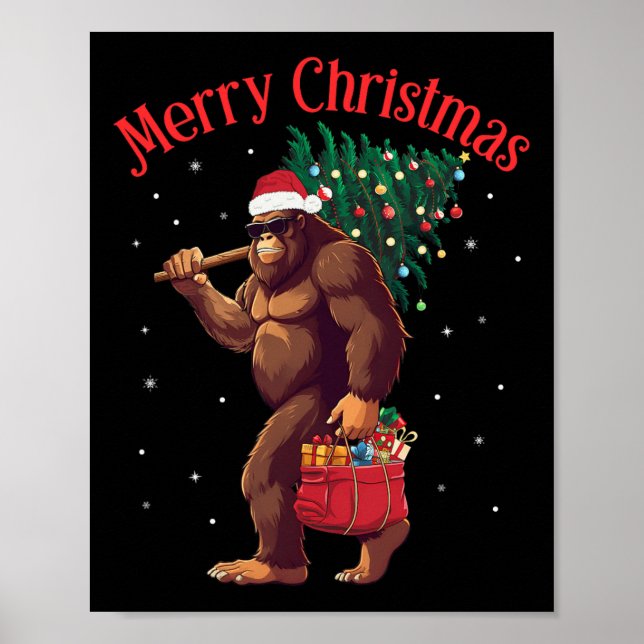 Bigfoot Merry Christmas Tree Lights Sasquatch Xmas Poster (Front)