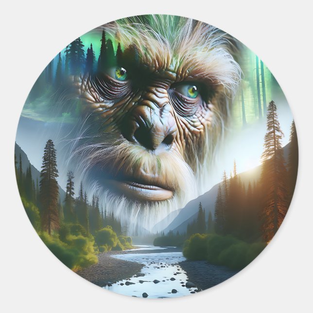 Bigfoot, Mountains, River and Forest Classic Round Sticker (Front)