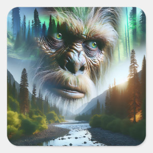 Bigfoot, Mountains, River and Forest Square Sticker
