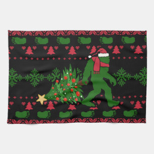 Bigfoot on knit background tea towel