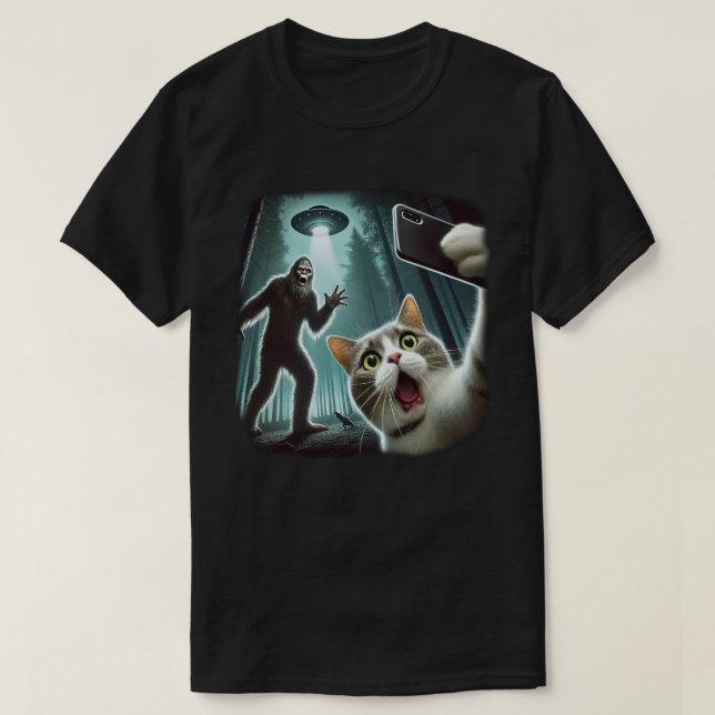 Bigfoot Photobombs Cat’s Selfie with UFO in Forest T-Shirt (Design Front)