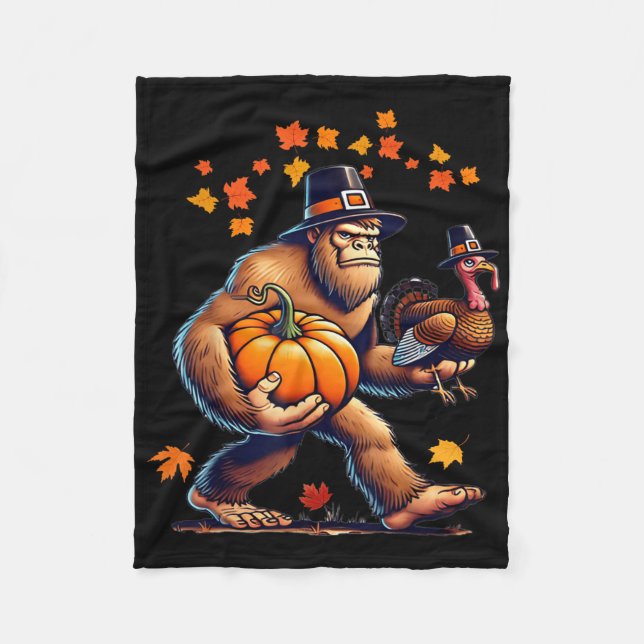 Bigfoot Pilgrim Hat Turkey Day Pumpkin Thanksgivin Fleece Blanket (Front)