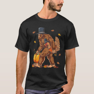 Bigfoot Pilgrim Turkey Pumpkin Funny Thanksgiving T-Shirt