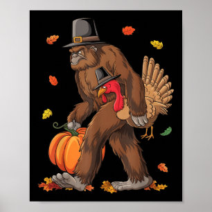 Bigfoot Pilgrim Turkey Pumpkin Thanksgiving Boys K Poster
