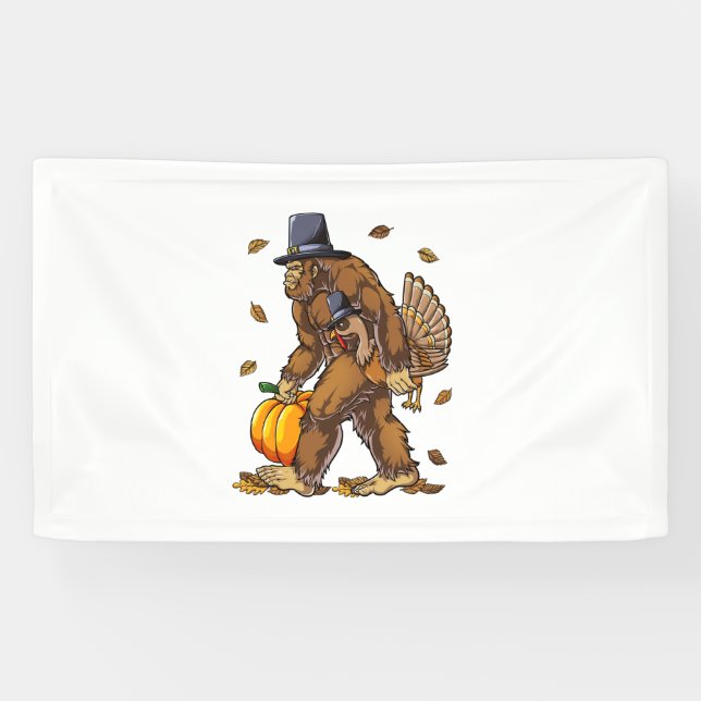 Bigfoot Pilgrim Turkey Pumpkin Thanksgiving Day Bo Banner (Horizontal)