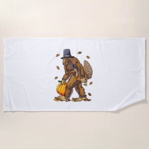 Bigfoot Pilgrim Turkey Pumpkin Thanksgiving Day Bo Beach Towel