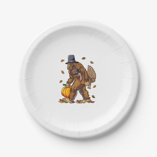 Bigfoot Pilgrim Turkey Pumpkin Thanksgiving Day Bo Paper Plate (Front)