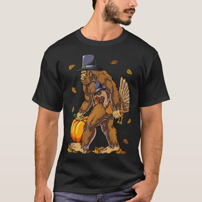 Bigfoot Pilgrim Turkey Pumpkin Thanksgiving Day T-Shirt (Front)