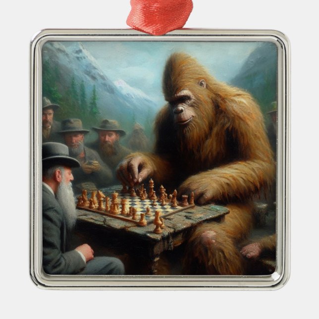 Bigfoot Playing Chess Metal Tree Decoration (Front)