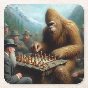 Bigfoot Playing Chess Square Paper Coaster
