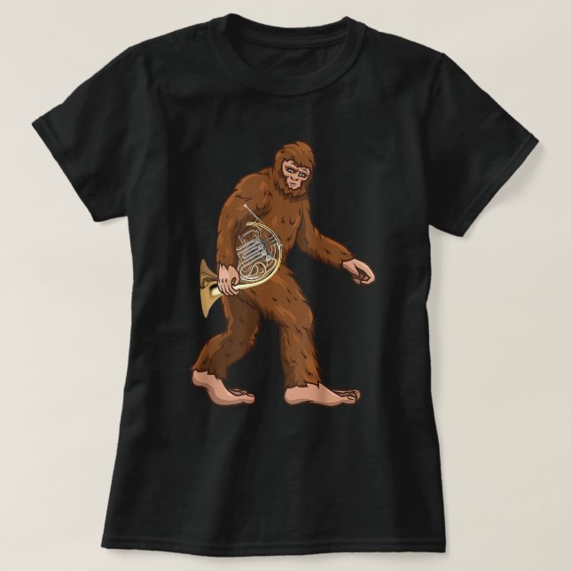 Bigfoot Playing French Horn Player Musician Funny  T-Shirt (Design Front)