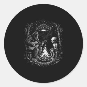 Bigfoot playing guitar campfire alien ufo camping classic round sticker