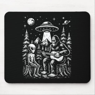 Bigfoot playing guitar with alien and ufo mouse mat