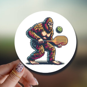 Bigfoot Playing Pickleball Funny Cartoon Classic Round Sticker