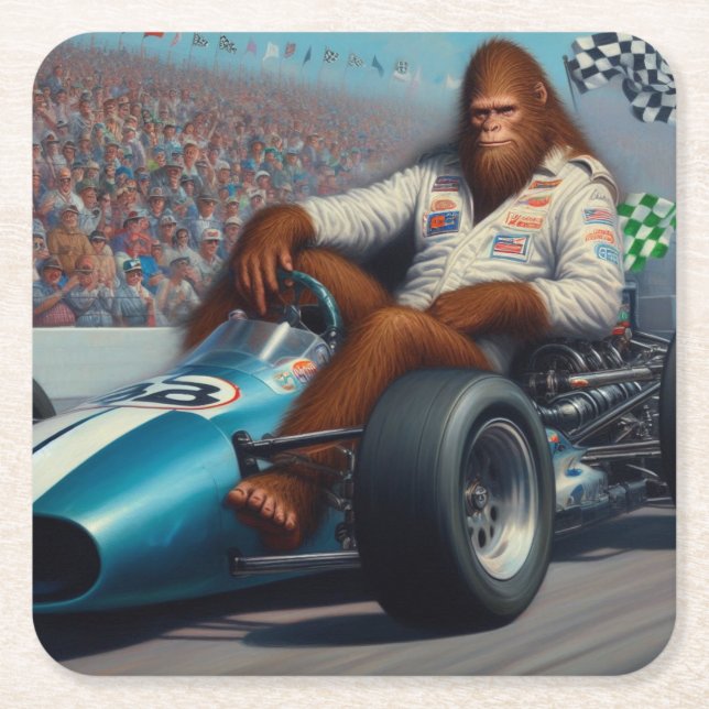 Bigfoot Racecar Square Paper Coaster (Front)
