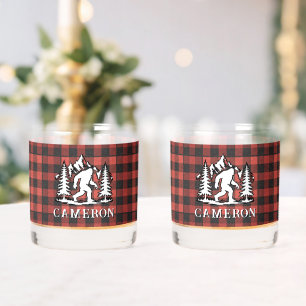 Bigfoot Red Buffalo Plaid Mountains Monogram  Whiskey Glass
