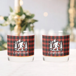 Bigfoot Red Buffalo Plaid Mountains Monogram Whiskey Glass