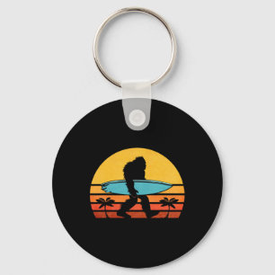 Bigfoot Retro Surfing , Tropical Sasquatch Surfer Key Ring