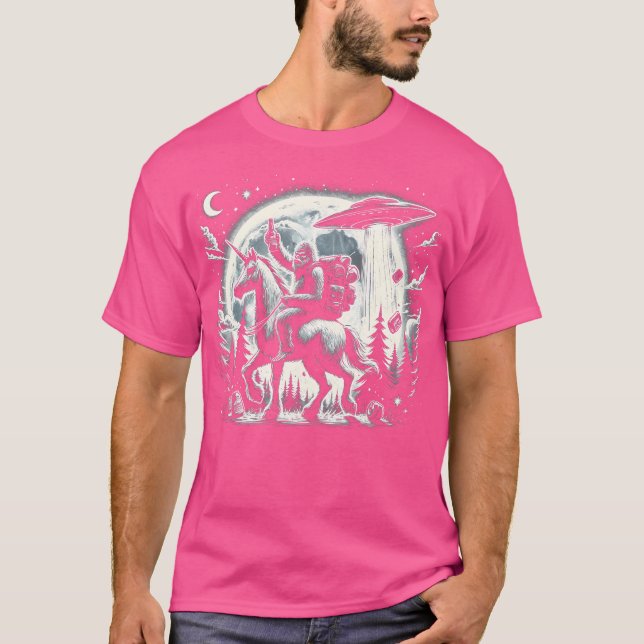 Bigfoot Riding A Unicorn Drinking A Beer Moon And  T-Shirt (Front)