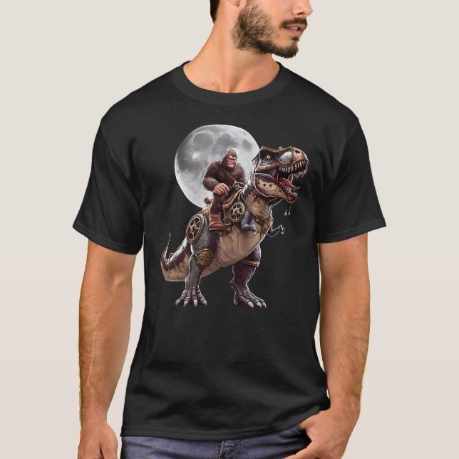 Bigfoot Riding Dinosaur Funny Sasquatch Full Moon T-Shirt (Front)