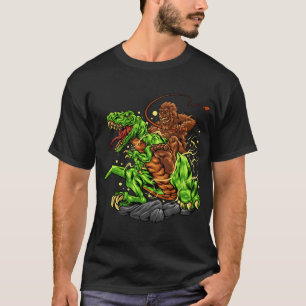 Bigfoot riding Dinosaur Visual Graphic Art Sasquat T-Shirt
