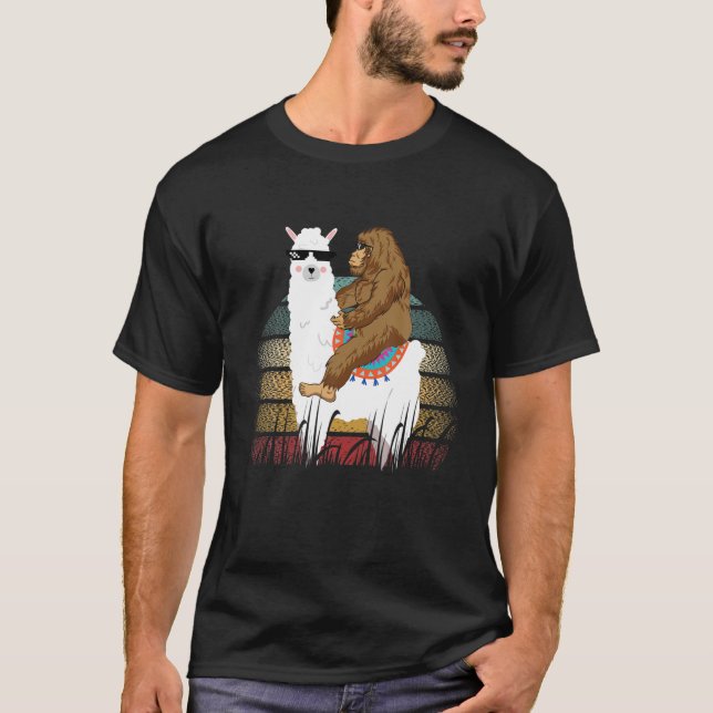 Bigfoot Riding Llama Sasquatch Retro T-Shirt (Front)