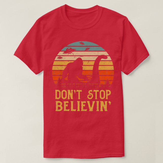 Bigfoot riding Loch Ness Monster dont stop believi T-Shirt (Design Front)