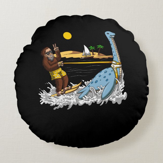 Bigfoot Riding Loch Ness Monster Funny Conspiracy Round Cushion (Front)