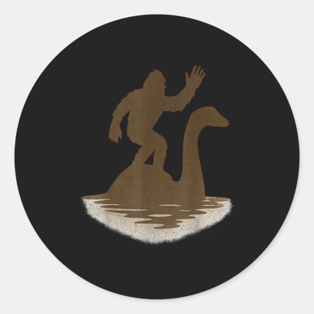 Bigfoot Riding Loch Ness Monster Funny Sasquatch  Classic Round Sticker (Front)
