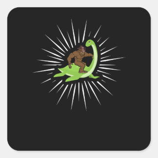 Bigfoot Riding Nessie Loch Ness Monster Square Sticker