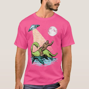 Bigfoot Riding Nessie  Ufo Aliens At Night Funny R T-Shirt