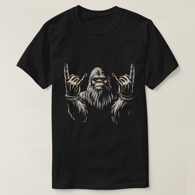 Bigfoot Rock On Funny Sasquatch Art T-Shirt (Design Front)