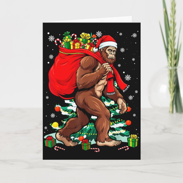 Bigfoot Santa Carrying Christmas Bag Xmas Hat Sasq Card (Front)