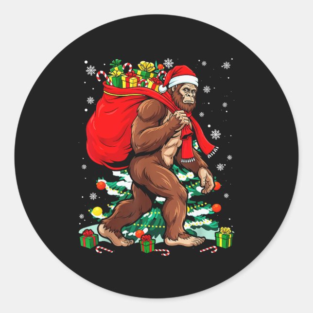 Bigfoot Santa Carrying Christmas Bag Xmas Hat Sasq Classic Round Sticker (Front)
