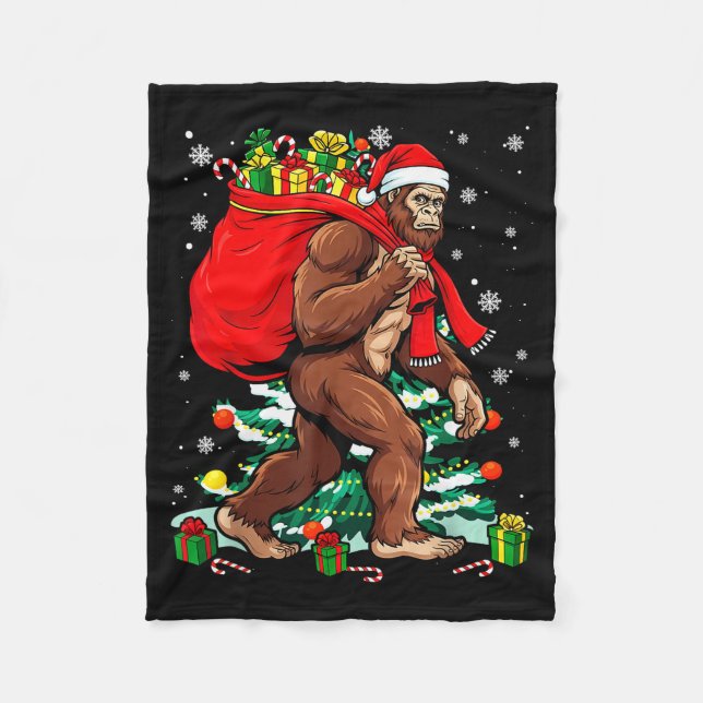 Bigfoot Santa Carrying Christmas Bag Xmas Hat Sasq Fleece Blanket (Front)