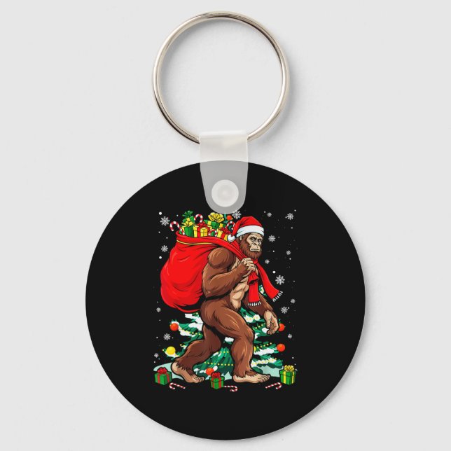 Bigfoot Santa Carrying Christmas Bag Xmas Hat Sasq Key Ring (Front)