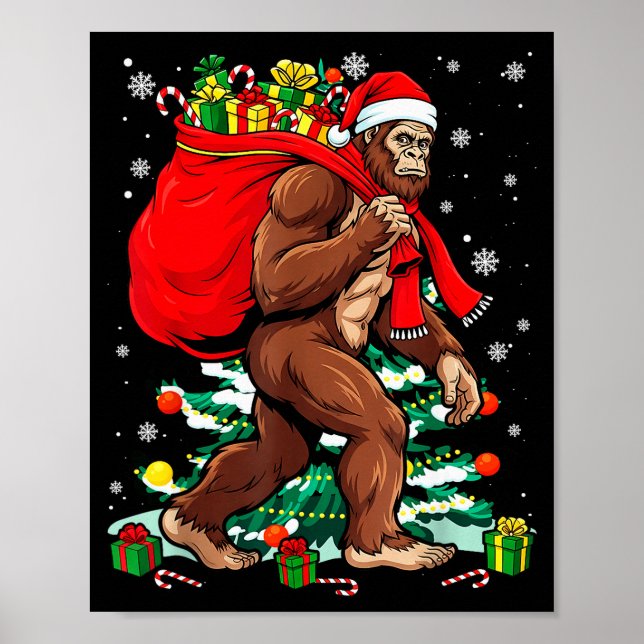 Bigfoot Santa Carrying Christmas Bag Xmas Hat Sasq Poster (Front)