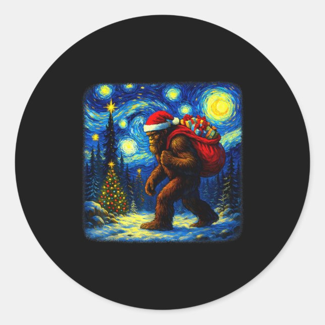 Bigfoot Santa Christmas Starry Night Sasquatch Van Classic Round Sticker (Front)