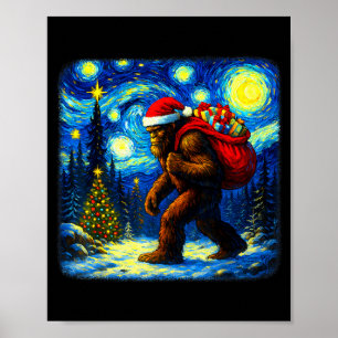 Bigfoot Santa Christmas Starry Night Sasquatch Van Poster