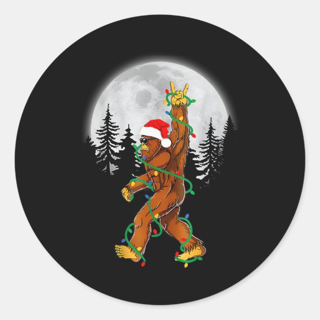 Bigfoot Santa Christmas Tree Lights Funny Xmas Sas Classic Round Sticker (Front)