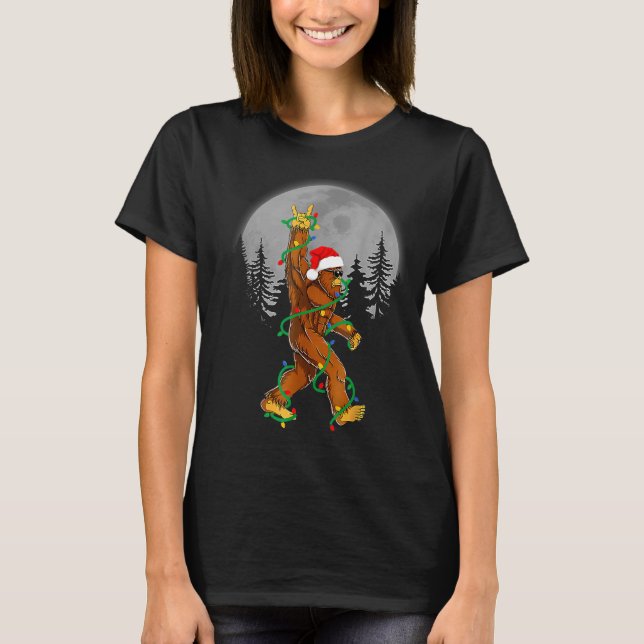Bigfoot Santa Christmas Tree Lights Funny Xmas Sas T-Shirt (Front)