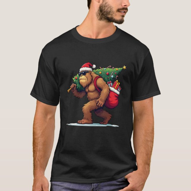 Bigfoot Santa Christmas Tree Lights Funny Xmas Sas T-Shirt (Front)