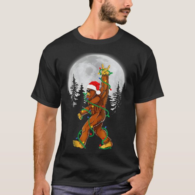 Bigfoot Santa Christmas Tree Lights Funny Xmas Sas T-Shirt (Front)