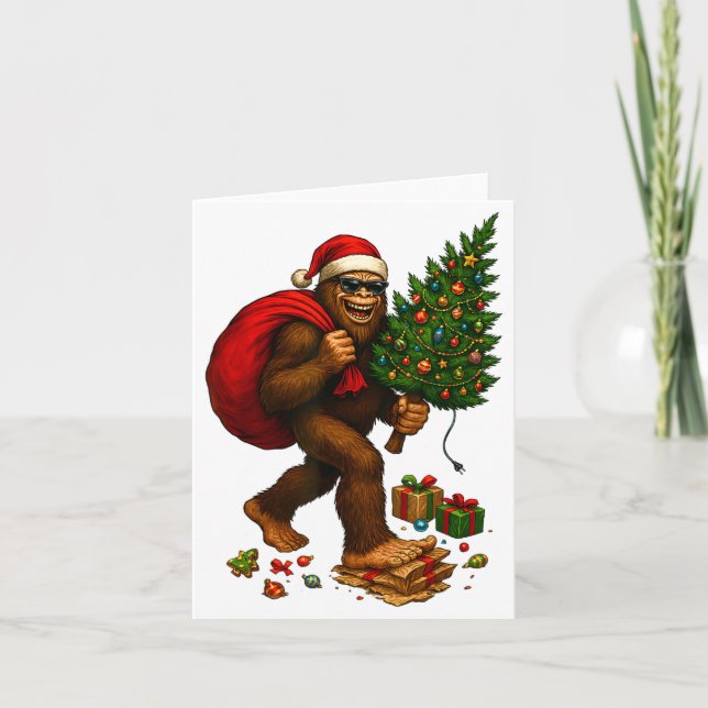 Bigfoot Santa Christmas Tree Lights Xmas Boys Men  Card (Front)