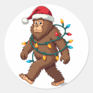 Bigfoot Santa Christmas Tree Lights Xmas Boys Men  Classic Round Sticker